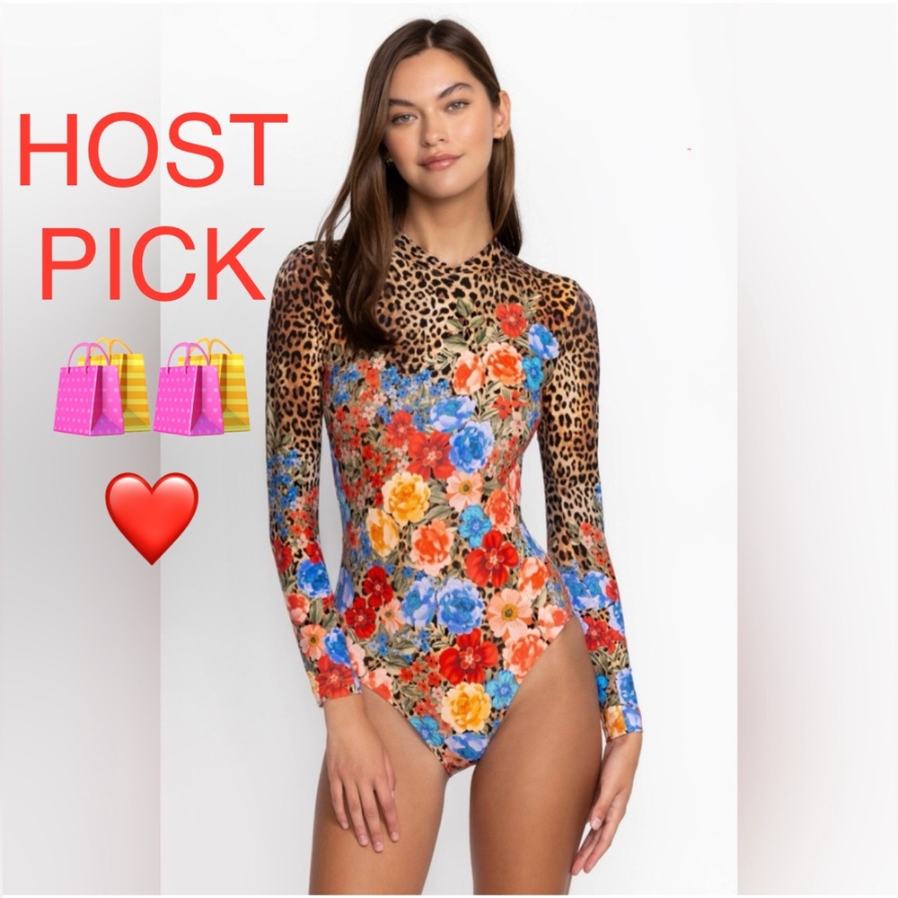JOHNNY WAS CHEETAH CROSS OVER NECK SURF🏄‍♀️ONE PIECE Floral Long Sleeve,Size: XL